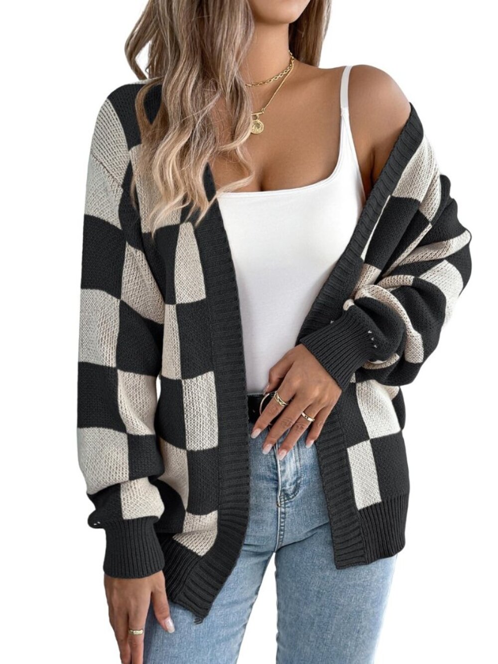 Womens Checkered Cardigan Sweaters Fall Winter Casual Oversized Knit Jacket